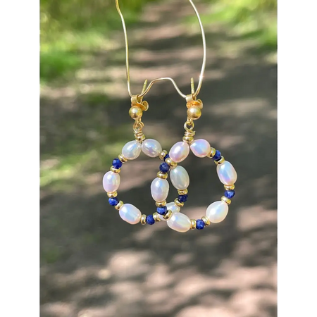 Pearl and sodalite hoop earrings pearl hoops sodalite