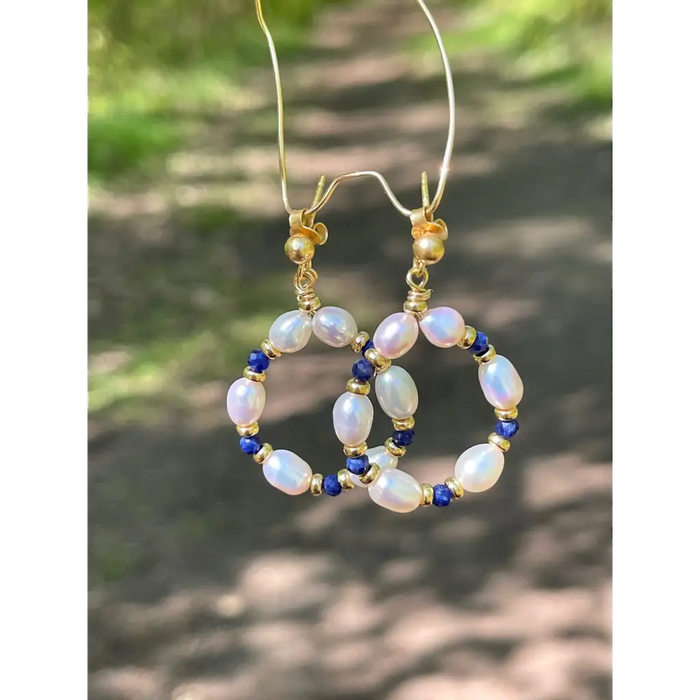 Pearl and sodalite hoop earrings pearl hoops sodalite