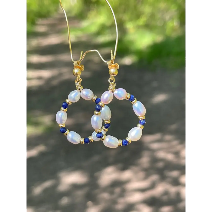 Pearl and sodalite hoop earrings pearl hoops sodalite
