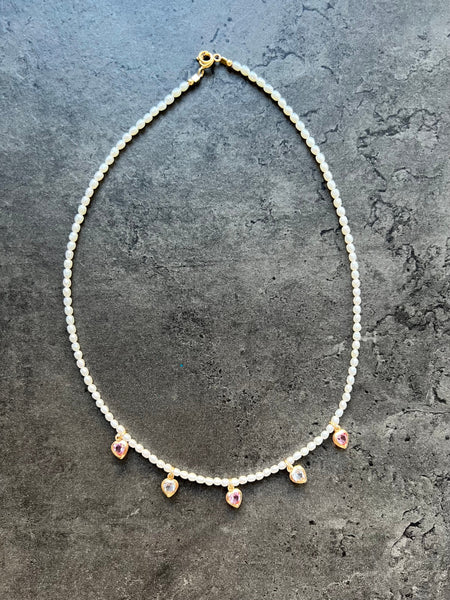 Pearl necklace with heart charms Beaded Necklaces