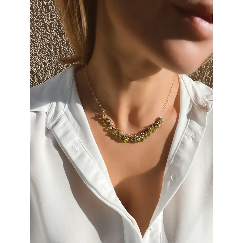 Peridot necklace Selva peridot briolette and lapis lazuli