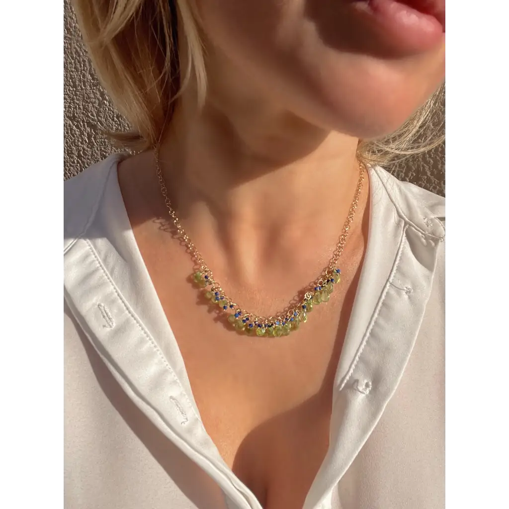 Peridot necklace Selva peridot briolette and lapis lazuli