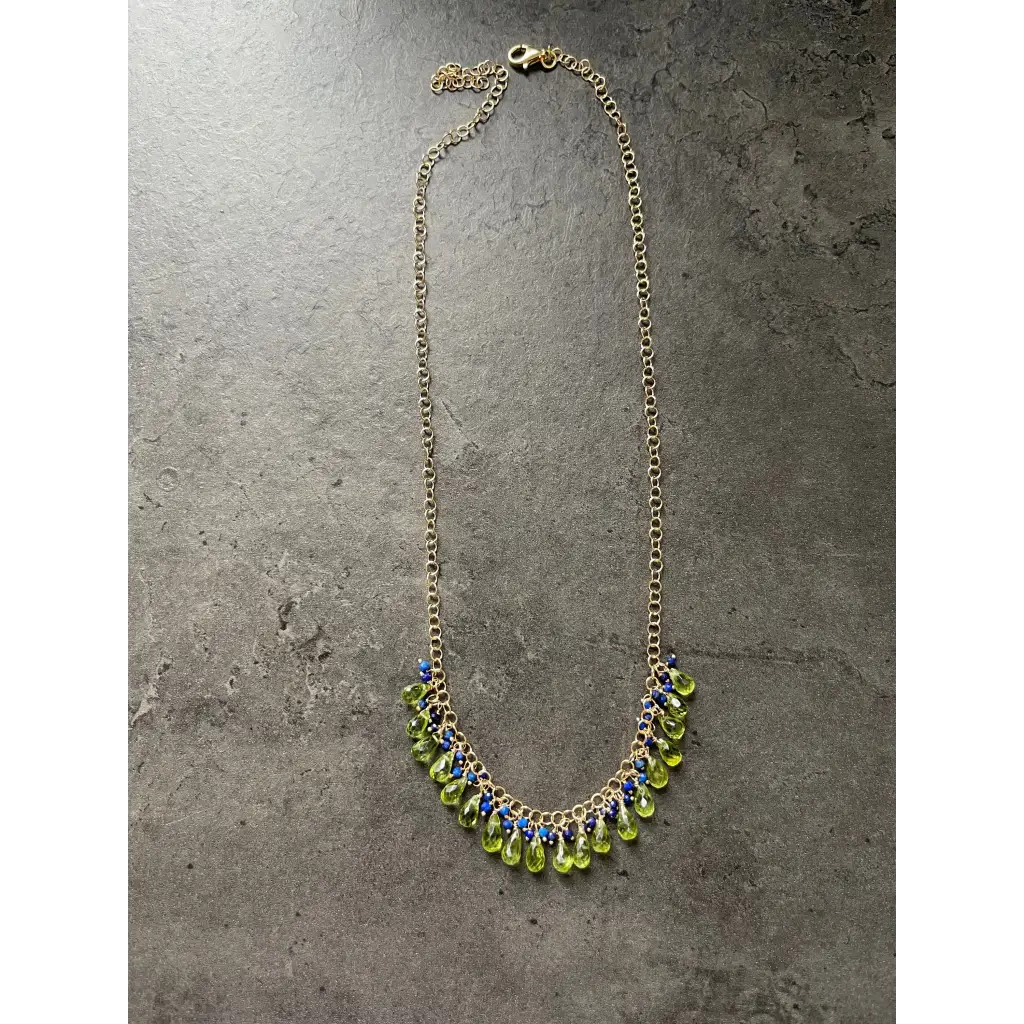 Peridot necklace Selva peridot briolette and lapis lazuli