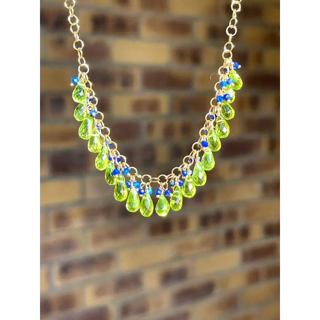 Peridot necklace Selva peridot briolette and lapis lazuli