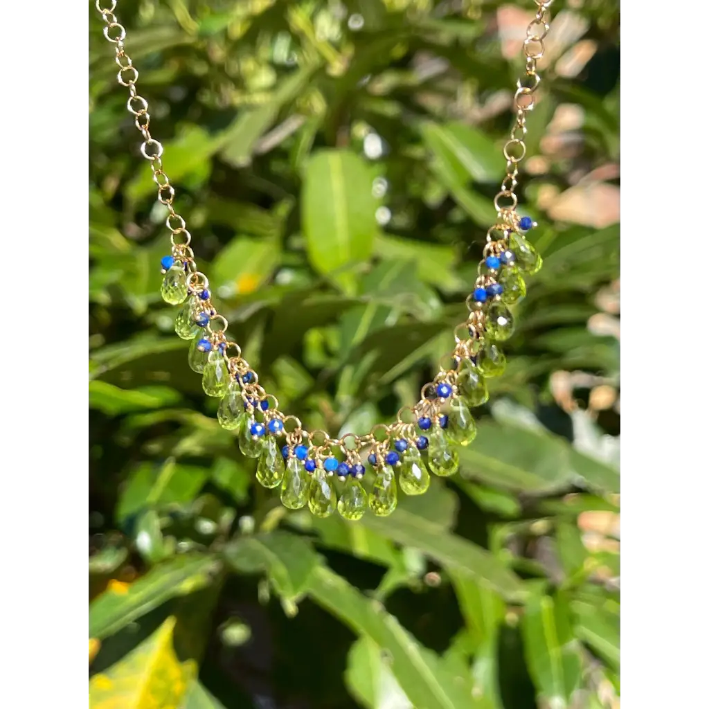 Peridot necklace Selva peridot briolette and lapis lazuli