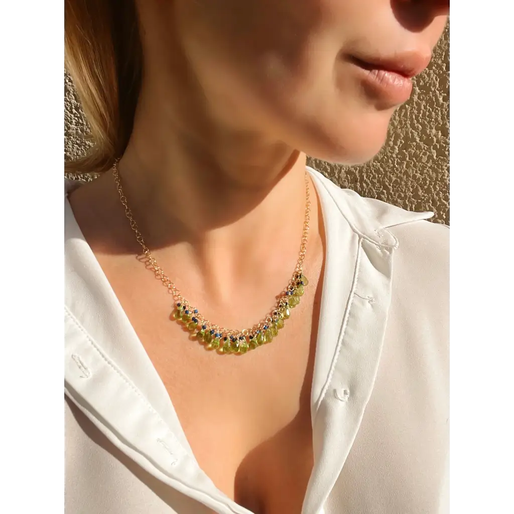 Peridot necklace Selva peridot briolette and lapis lazuli