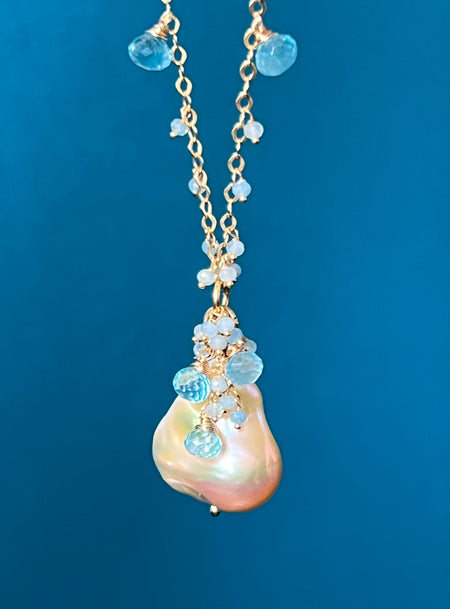 Pink Baroque Pearl Pendant Necklace “Golden Hour” Crystal