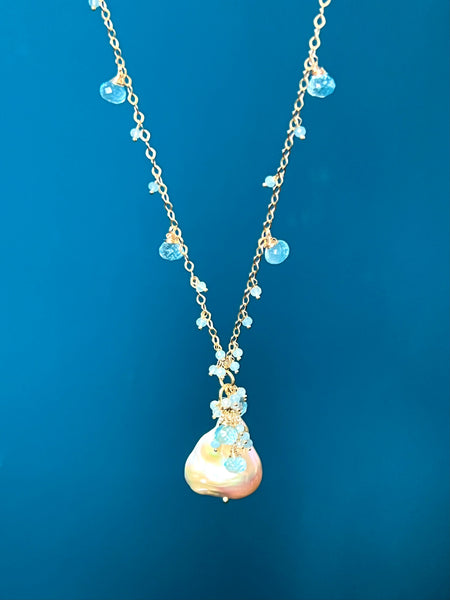 Pink Baroque Pearl Pendant Necklace “Golden Hour” Crystal