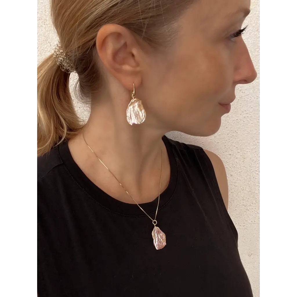 Pink keshi petal pearl earrings and pendant set Jewelry Sets