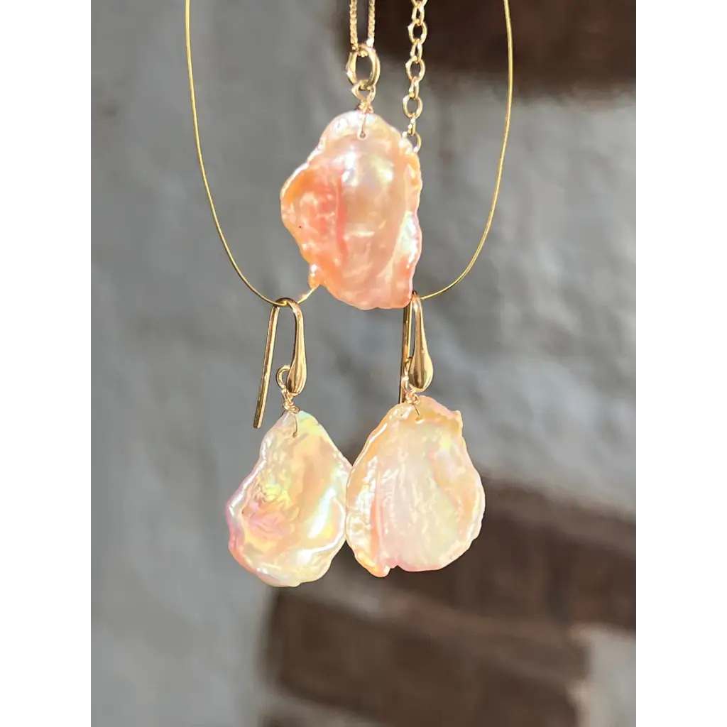 Pink keshi petal pearl earrings and pendant set Jewelry Sets
