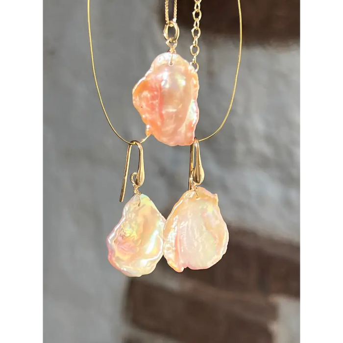 Pink keshi petal pearl earrings and pendant set Jewelry Sets
