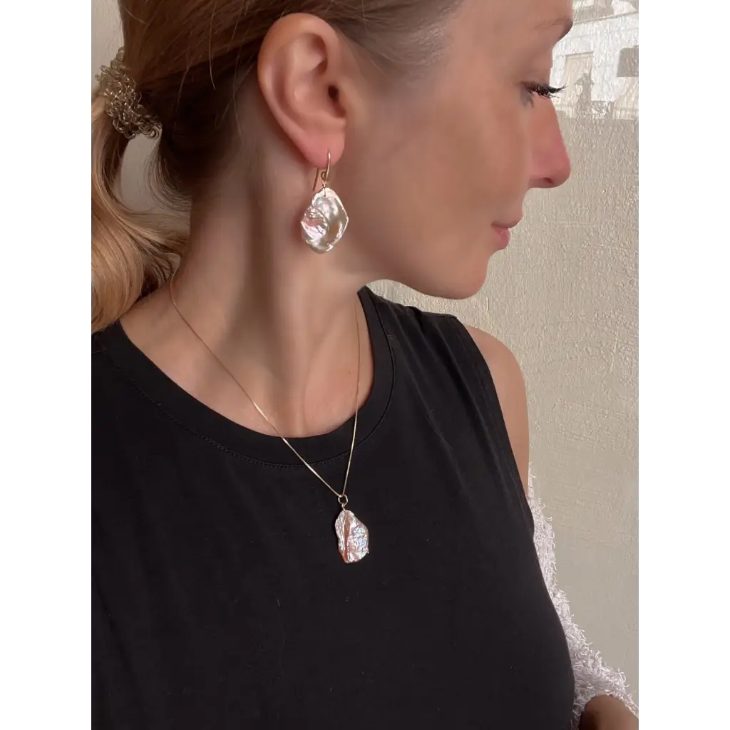 Pink keshi petal pearl earrings and pendant set Jewelry Sets