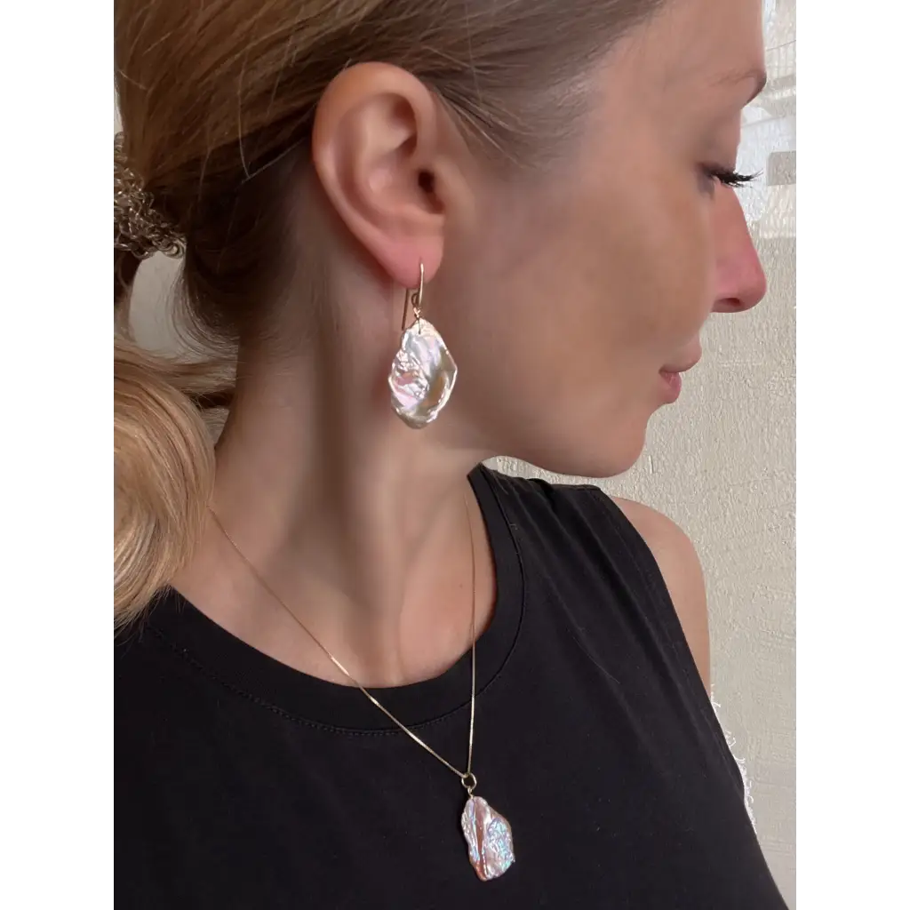Pink keshi petal pearl earrings and pendant set Jewelry Sets