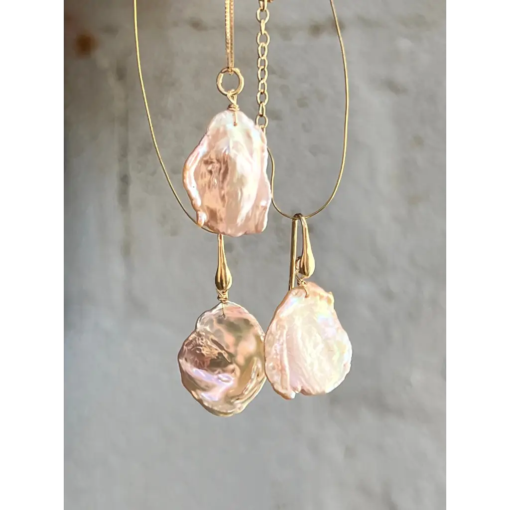 Pink keshi petal pearl earrings and pendant set Jewelry Sets