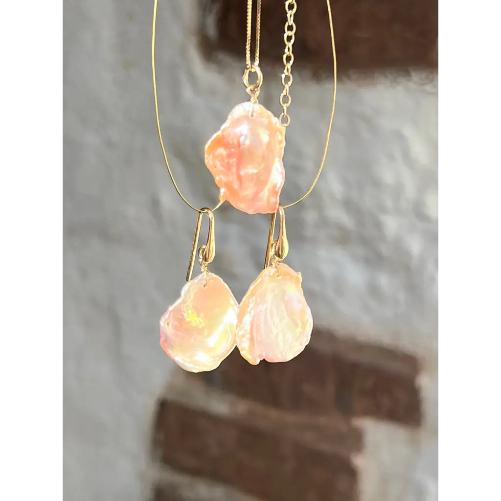 Pink keshi petal pearl earrings and pendant set Jewelry Sets