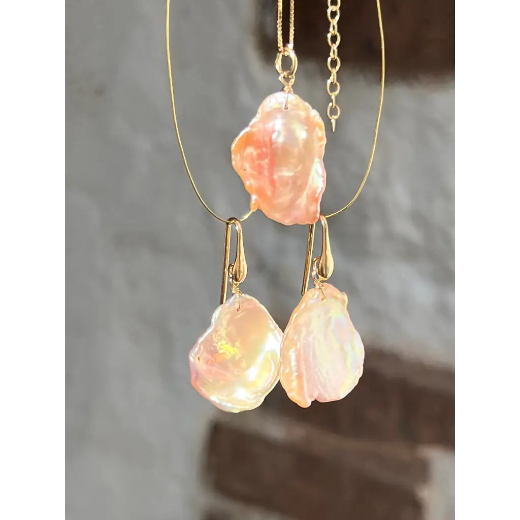 Pink keshi petal pearl earrings and pendant set Jewelry Sets