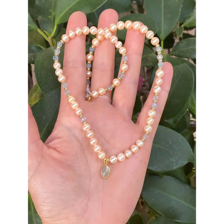 Pink pearl and natural aquamarine necklace with gold vermeil