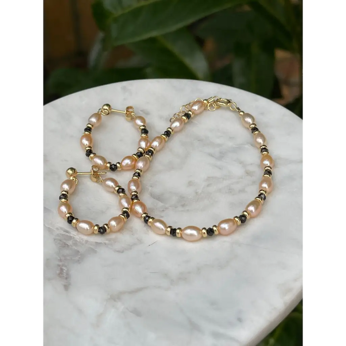 Pink pearls and black spinel earrings and bracelet Jewelry