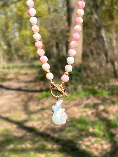 Queen Conch Shell Toggle Necklace With Baroque Pearl Pendant