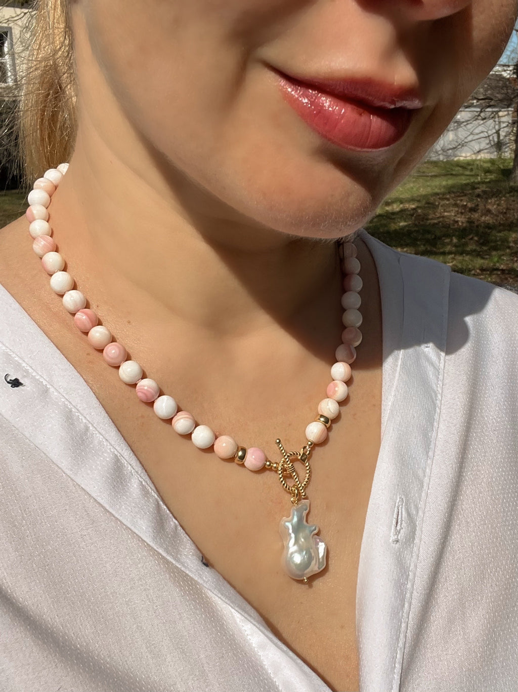 Queen Conch Shell Toggle Necklace With Baroque Pearl Pendant