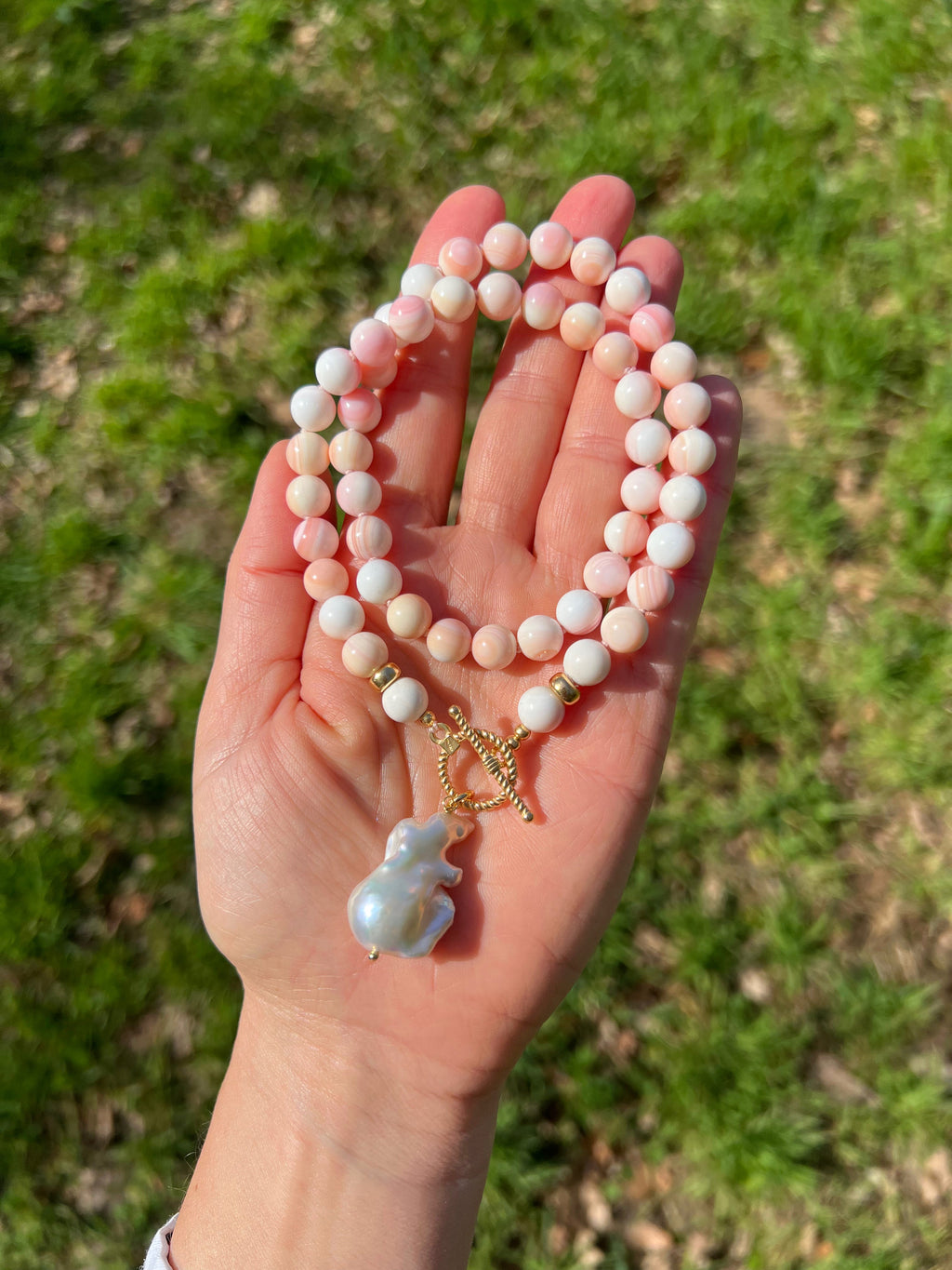 Queen Conch Shell Toggle Necklace With Baroque Pearl Pendant