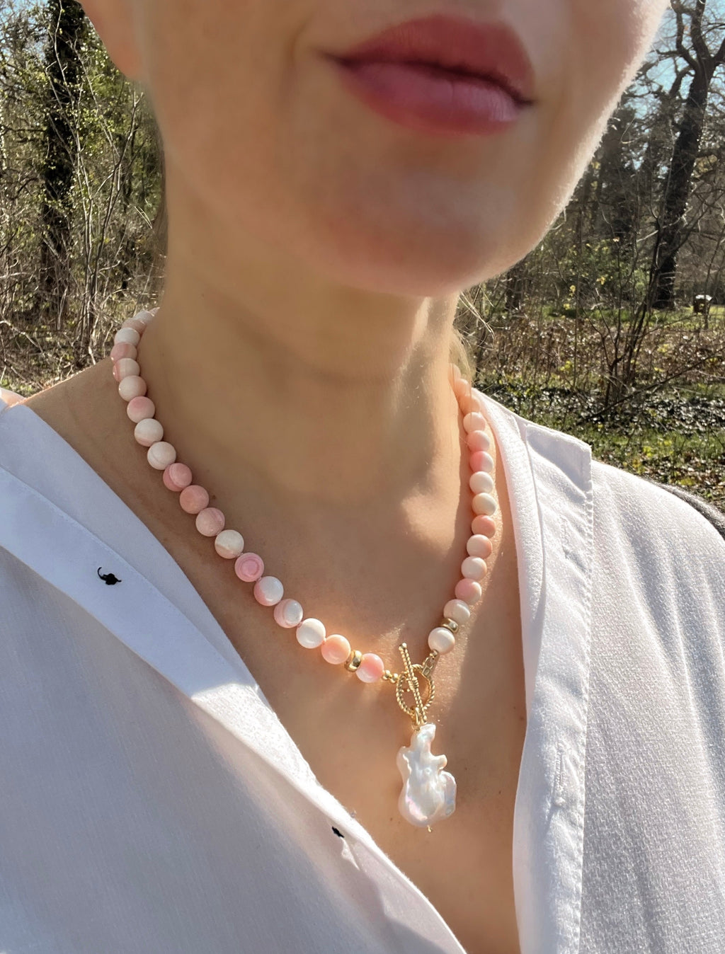 Queen Conch Shell Toggle Necklace With Baroque Pearl Pendant