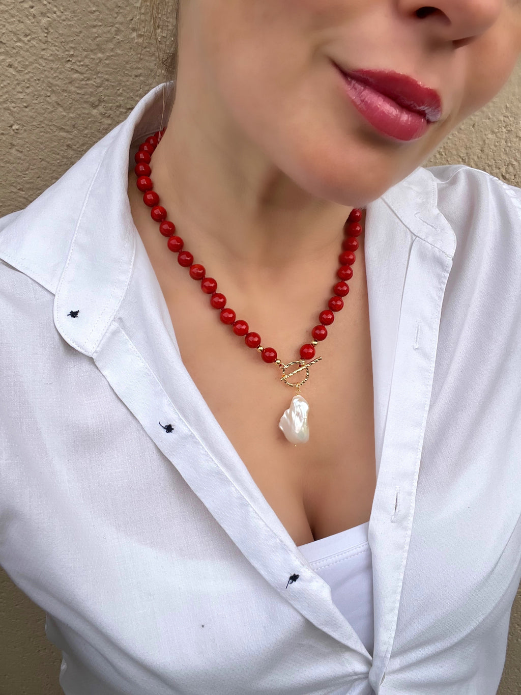 Red coral beaded necklace with baroque pearl pendant Beaded