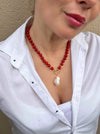 Red coral beaded necklace with baroque pearl pendant Beaded
