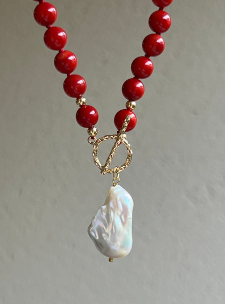 Red coral beaded necklace with baroque pearl pendant Beaded