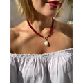 Red coral beaded necklace with toggle closure and baroque