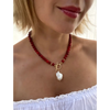Red coral beaded necklace with toggle closure and baroque