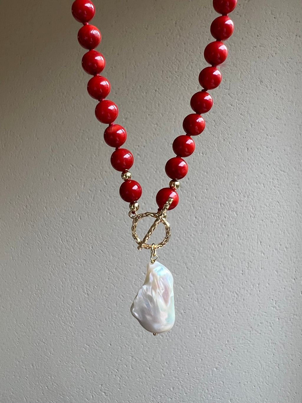 Red coral beaded necklace with baroque pearl pendant Beaded