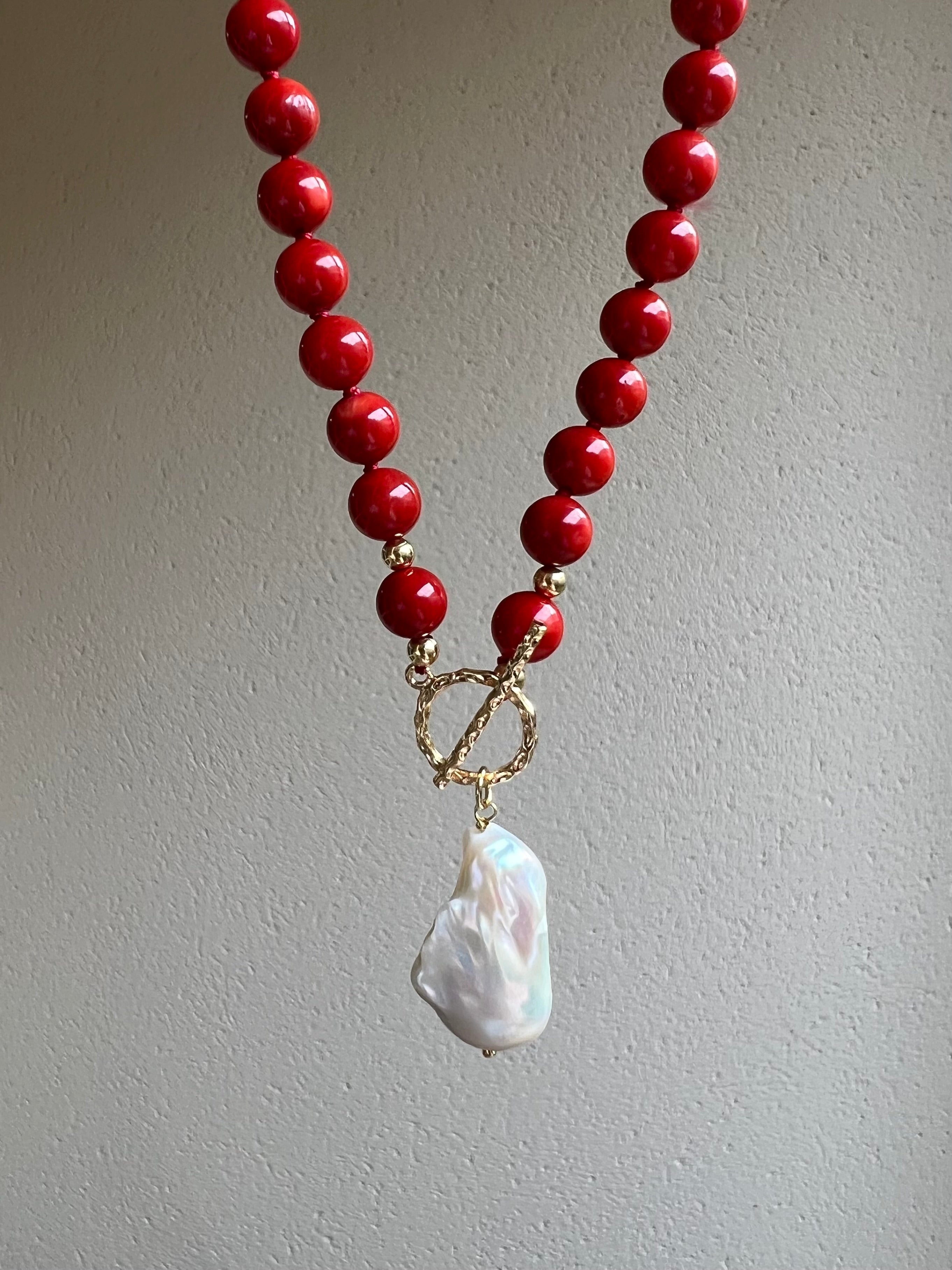 Red coral beaded necklace with baroque pearl pendant Beaded