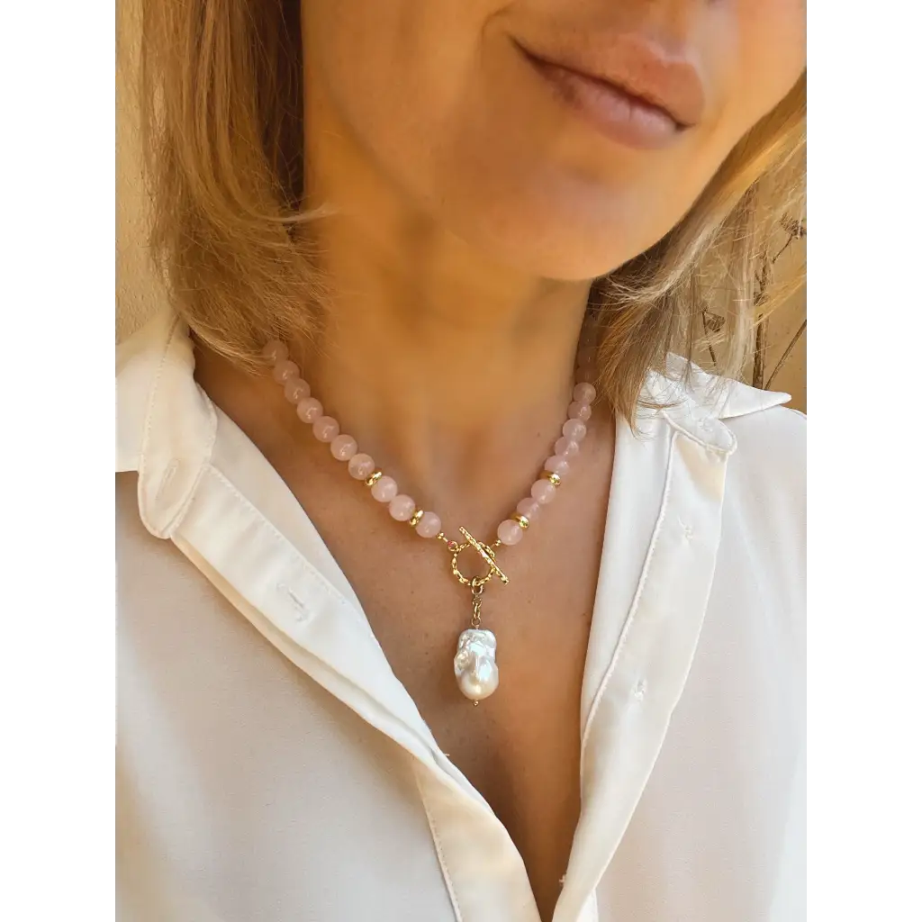 Rose quartz necklace with baroque pearl pendant