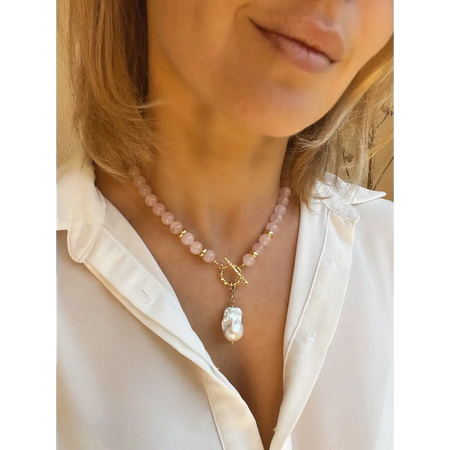 Rose quartz necklace with baroque pearl pendant