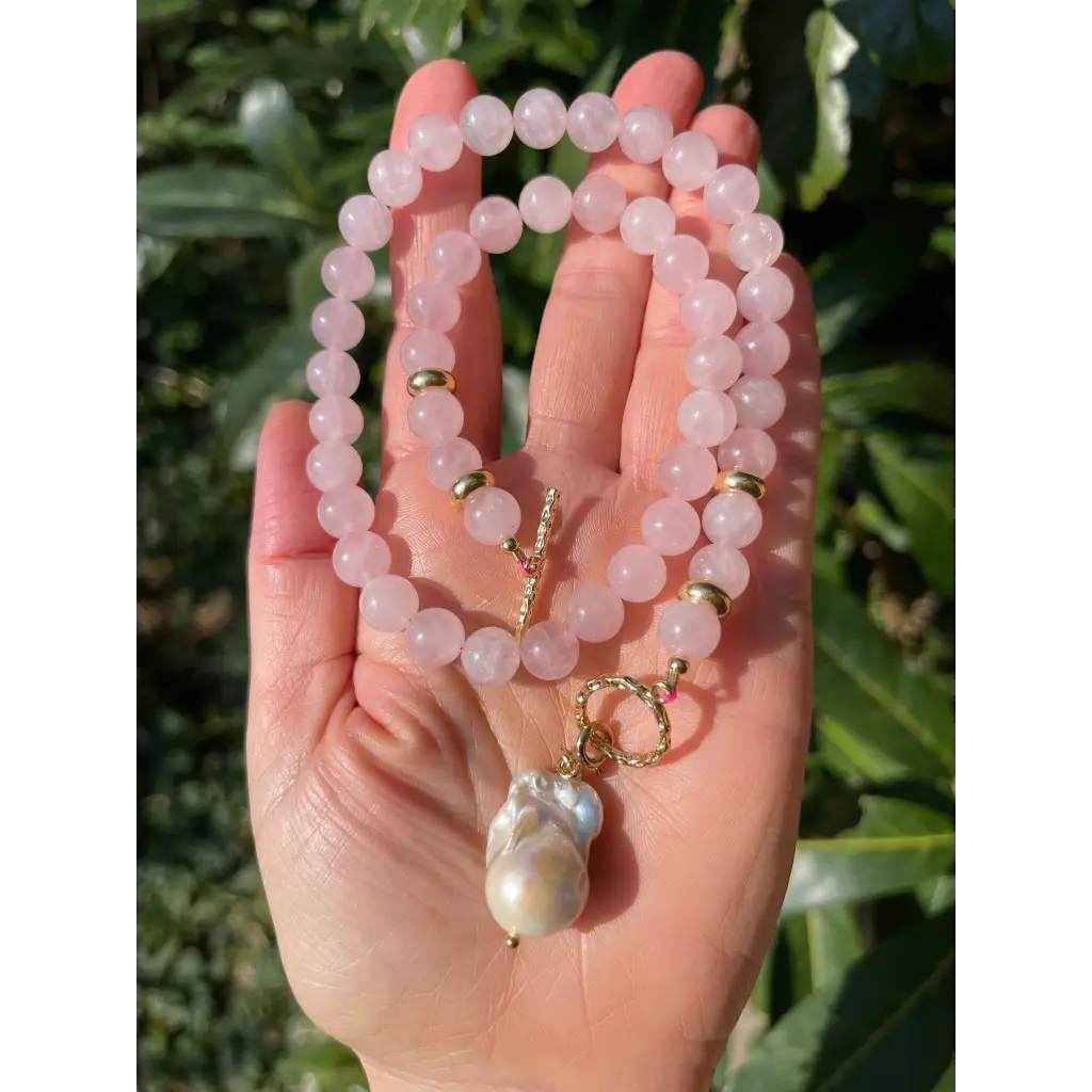 Rose quartz necklace with baroque pearl pendant