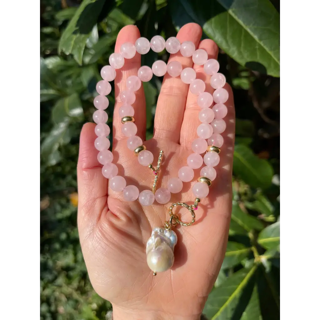 Rose quartz necklace with baroque pearl pendant