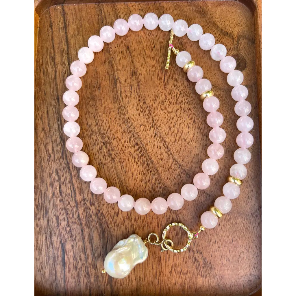Rose quartz necklace with baroque pearl pendant