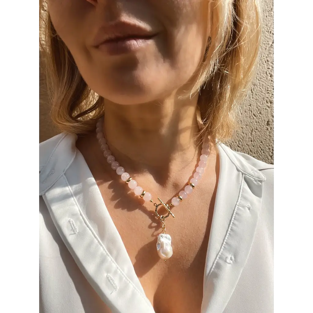 Rose quartz necklace with baroque pearl pendant