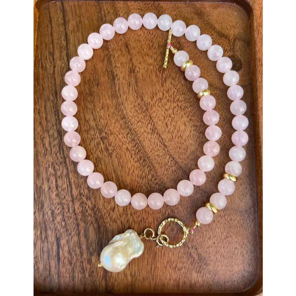 Rose quartz necklace with baroque pearl pendant