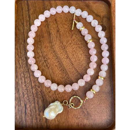 Rose quartz necklace with baroque pearl pendant