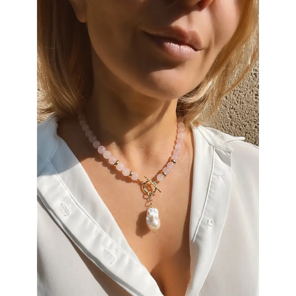 Rose quartz necklace with baroque pearl pendant