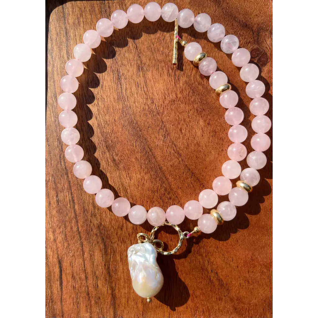 Rose quartz necklace with baroque pearl pendant