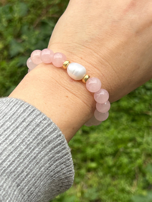 Rose Quartz Stretch Bracelet with Pearl Accent Beaded