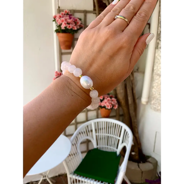 Rose Quartz Genuine Pearl and Gold Filled Silver Stretch