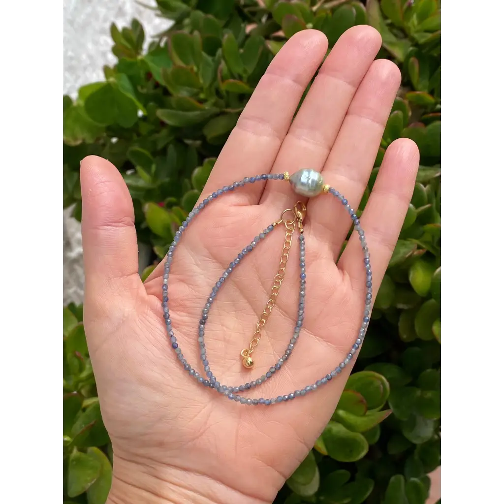 Sapphire beaded necklace with genuine Tahitian pearl gold