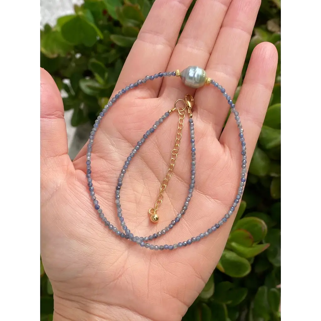 Sapphire beaded necklace with genuine Tahitian pearl gold