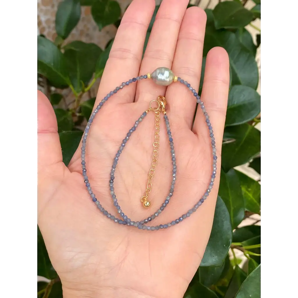 Sapphire beaded necklace with genuine Tahitian pearl gold