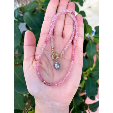 Shaded pink tourmaline necklace with Tahitian pearl pendant