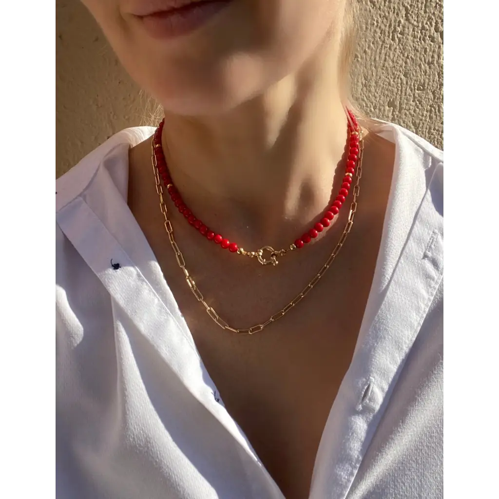 Short red bamboo coral necklace with gold filled silver